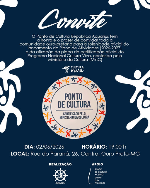 Convite oficial do Ponto de Cultura República Aquarius para o lançamento do Plano de Atividades 2026-2027